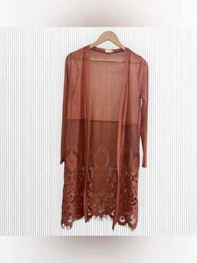 Ember Dusty Rose Lace Mesh Open Front Duster Cardigan Size Small